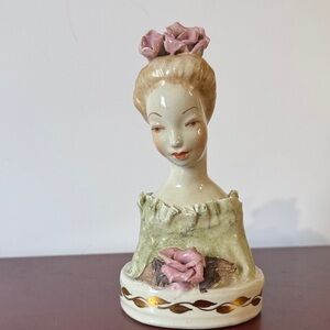 Cordey 1940s Porcelain Figurine Elegant Ceramic Bust with Pink Accents